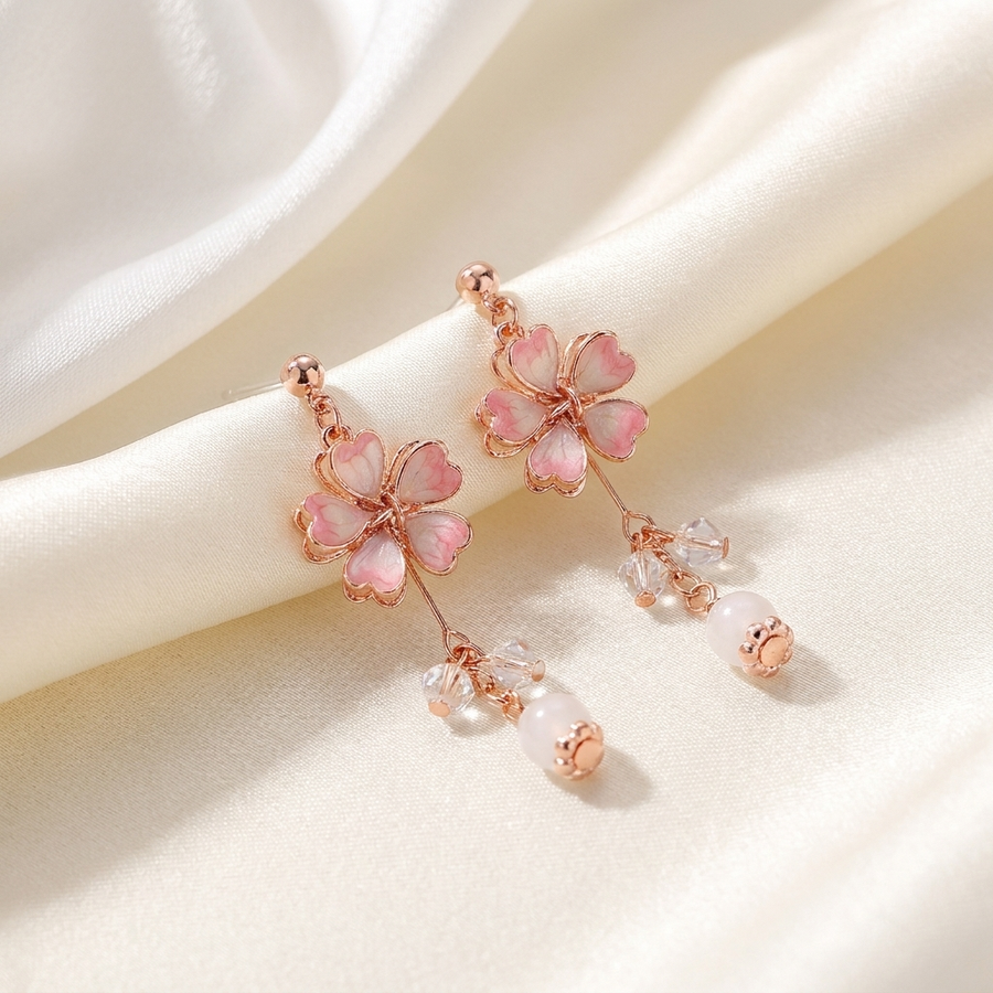 Auréa Sakura Pearl Drop Earrings – Rose Gold Floral Zirconia Earrings