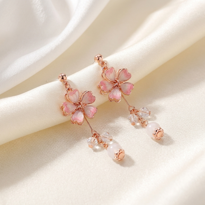 Auréa Sakura Pearl Drop Earrings – Rose Gold Floral Zirconia Earrings
